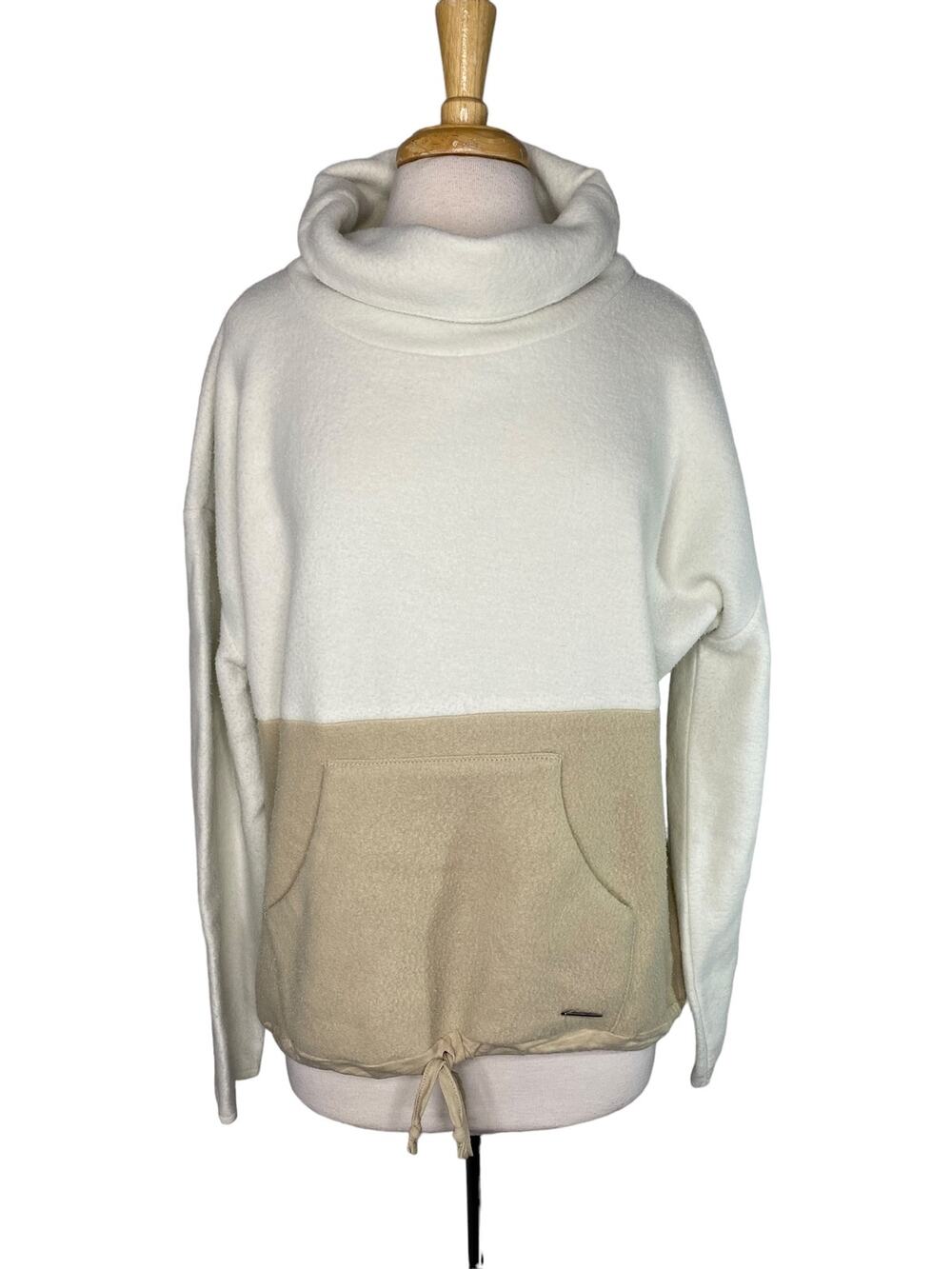 CARVE DESIGNS Rowayton Colorblock Cowl Neck Fleece Pullover Birch Khaki Medium
